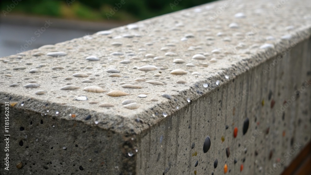 Aufkleber A zoomedin view of a single precast concrete barrier revealing detailed aggregates embedded in the surface. The rough texture is further accentuated by a light drizzle which beads