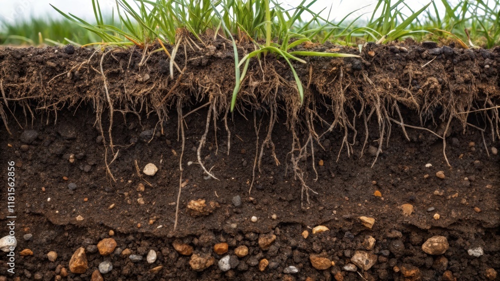 Poster a zoomedin shot of freshly dug earth showcasing layers of different soil types and plant debris with