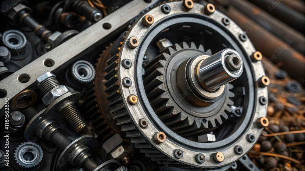 Poster A zoomedin view of a gearbox mechanism from a traffic signal showcasing intricate gears and wiring. The metallic parts are contrasted against a background of tered nuts and bolts