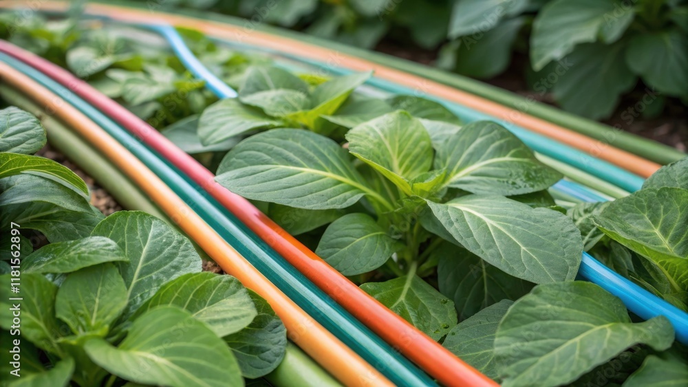 Poster a zoomedin view of lush green leaves entwined with colorful irrigation delivery lines. the gentle gr