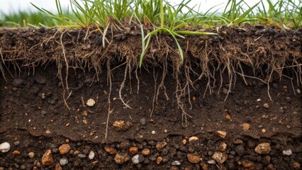 Fototapeta premium A zoomedin shot of freshly dug earth showcasing layers of different soil types and plant debris with tered grass roots intertwining through the dark moist soil. Small pebbles and