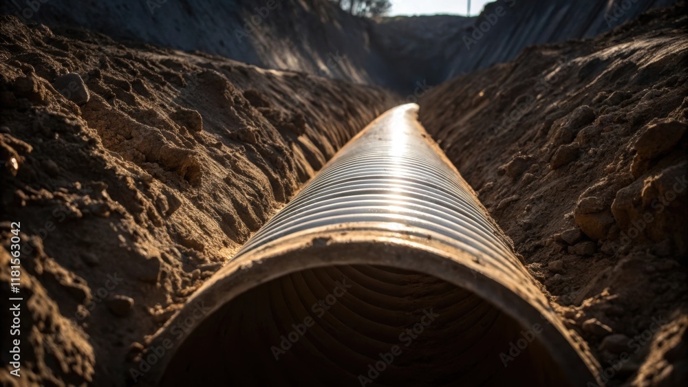 Poster Captured from an angle low to the ground this image focuses on the irregular surface texture of the excavation dirt contrasted by the smooth surface of a curved stormwater pipe.