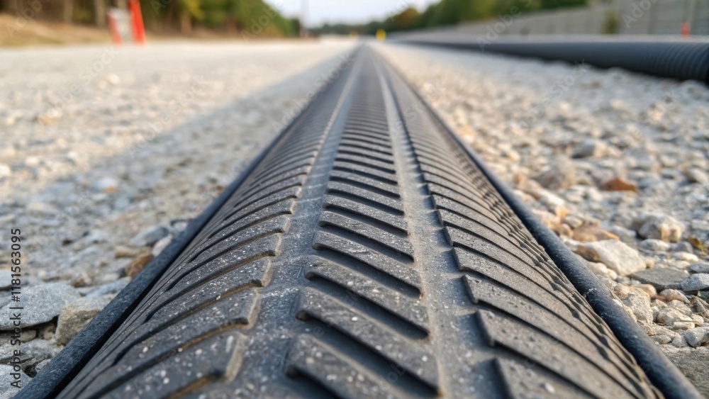 Poster Close focus on the surface of a single preformed cable duct revealing the ridged pattern engineered for traction and stability. Tiny flecks of dust cling to the grooves and the