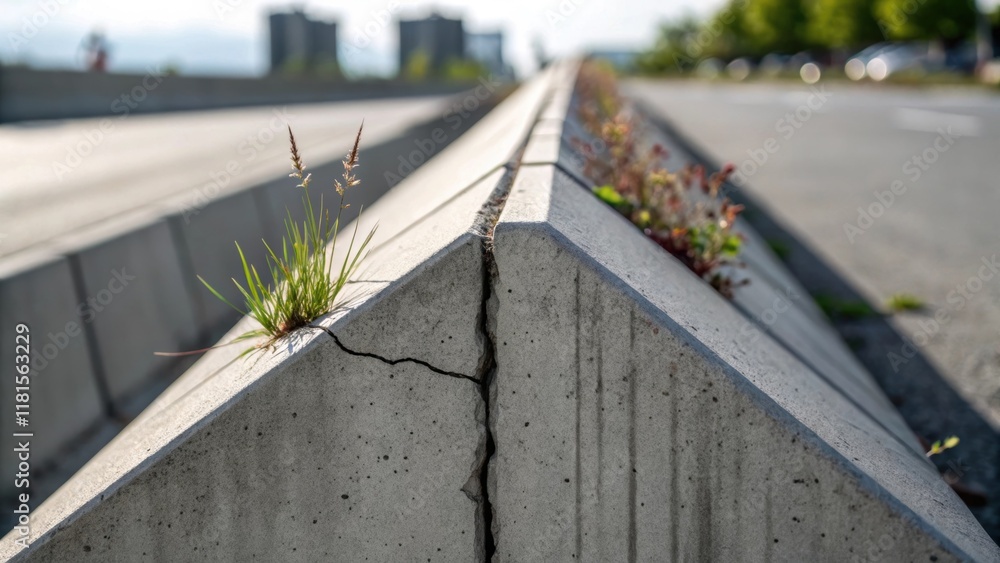 Aufkleber Closeup of a concrete barriers edge highlighting the sharp angular design. The barrier is cracked in places with a few tiny weeds sprouting through small crevices illustrating