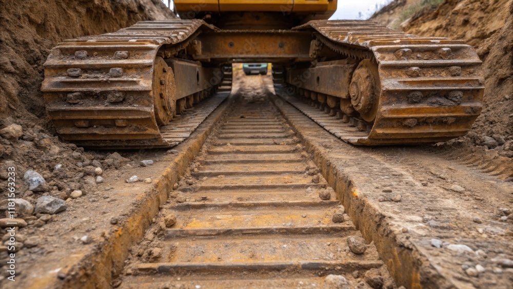 Aufkleber closeup of a bulldozers massive caterpillar tracks embedded in the ground caked with wet mud and stu