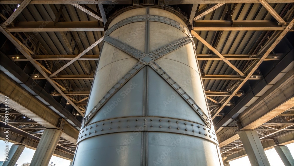 Aufkleber Closeup of a cylindrical steel column rising majestically with cross bracing elements visible emphasizing the structural integrity and stability provided as it supports the