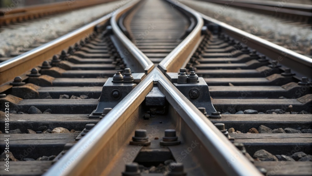 Poster Closeup of a junction point where two tracks converge revealing the precisionengineered switch mechanism with neatly aligned bolts and a dusting of graphite highlighting the smooth