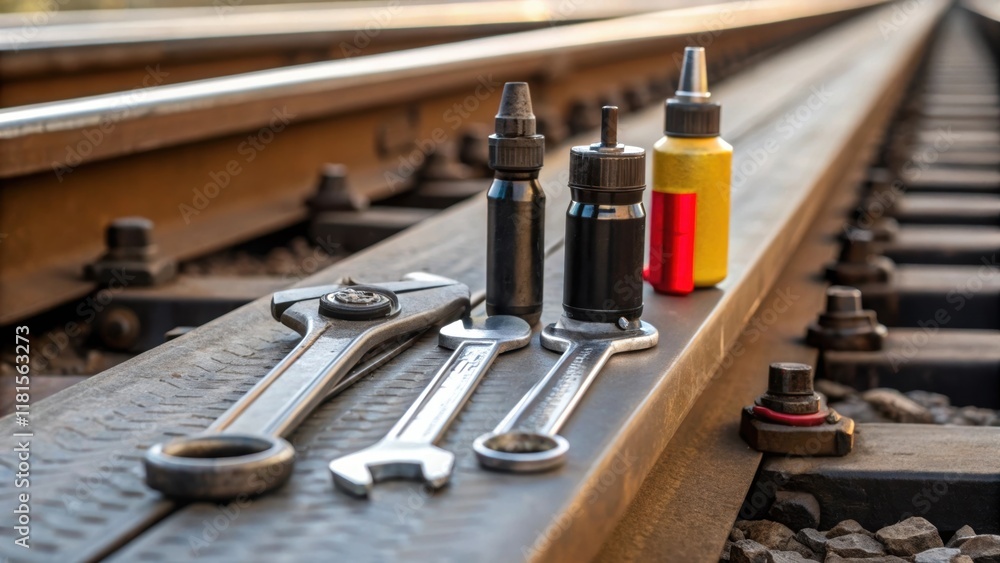 Poster Closeup of a maintenance workers tools positioned strategically near a track switch assembly. Oil cans wrenches and gauges are visible hinting at the intricate work involved in