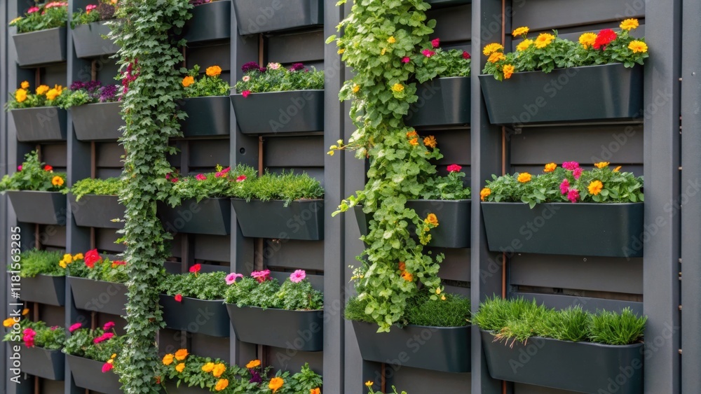 Poster closeup of a modular fence with integrated vertical planters bursting with colorful flowers and trai