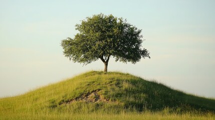 A healthy tree on a small hill of grass and soil, set against a soft, featureless sky