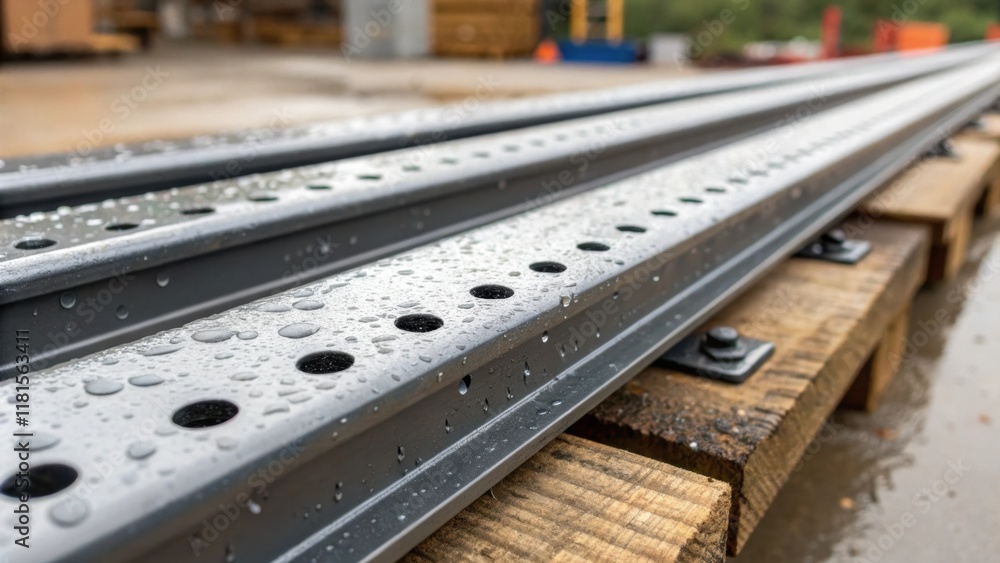 Aufkleber closeup of a preassembled rail support highlighting the smooth industrial finish of its surface. a s