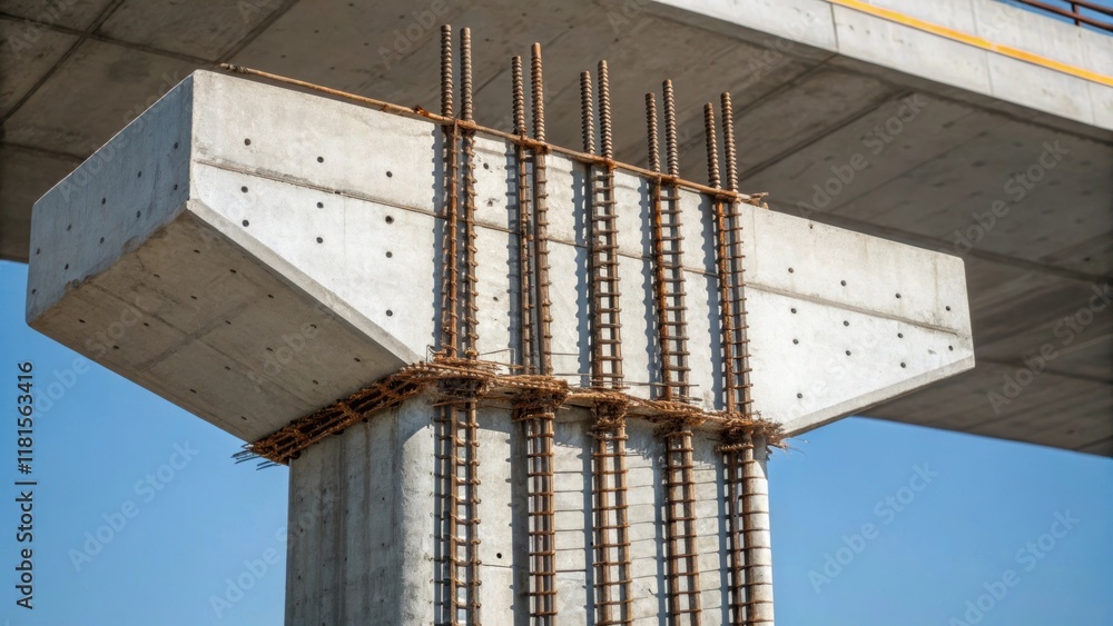 Poster Closeup of a precast viaduct section showcasing the intricate steel reinforcement embedded within the concrete. The barbs of the rebar protrude like a skeletal structure