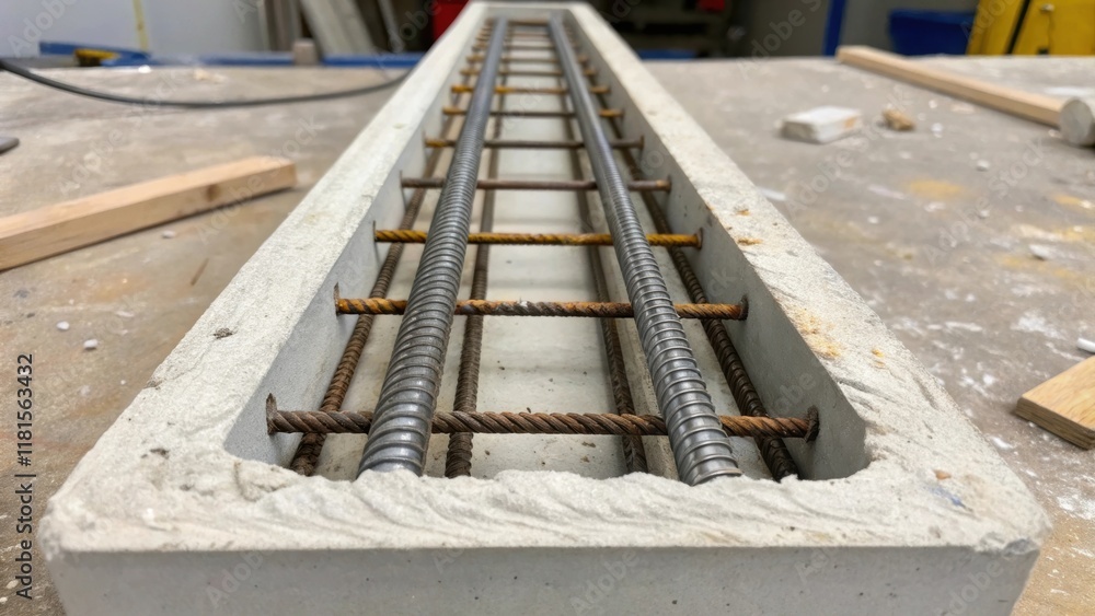 Aufkleber Close up of a precast concrete segment revealing a series of embedded steel reinforcements running through its structure. The crosssection of the segment showcases the intricate