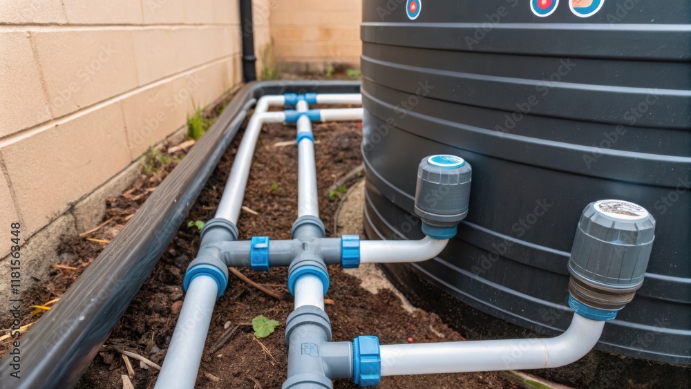 Fototapete closeup of a rainwater harvesting system featuring a network of translucent pipes leading into a lar