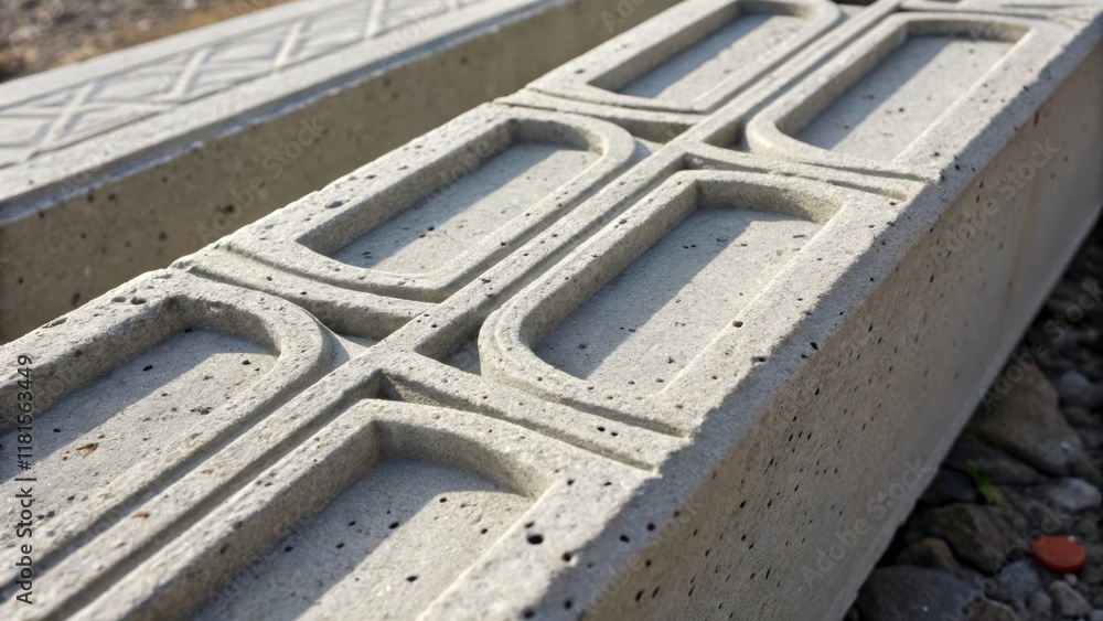 Aufkleber Closeup of a precast concrete segment featuring an intricately molded joint designed for secure interlocking with adjacent sections. Tiny specks of moisture can be seen clinging to
