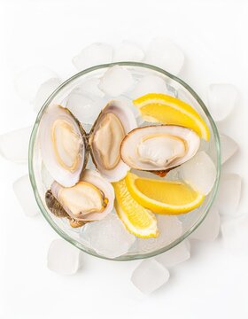 Fresh raw pipis with lemon and ice cubes in a glass bowl