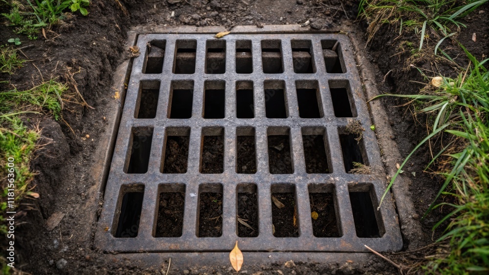 Aufkleber closeup of a single drainage grate its intricate grid pattern providing a striking contrast against 
