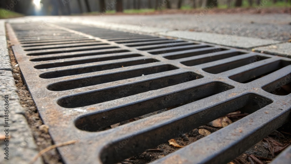 Poster Closeup of a single preformed metal drain grate showcasing its robust construction. The edges are slightly rounded for safety and a faint texture runs across its surface reflecting