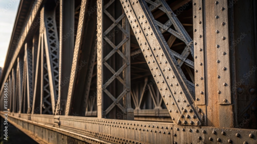 Aufkleber Closeup of a single steel truss emphasizing its robust design with diagonal supports and vertical columns captured in a dramatic angle. The texture of the metal reveals scratches