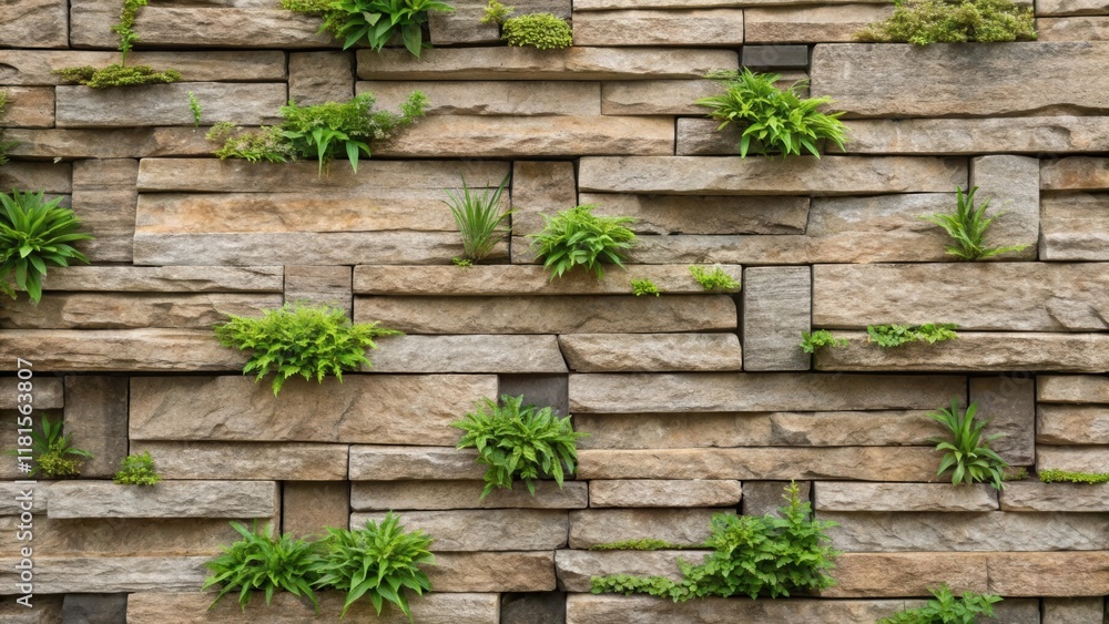 Poster closeup of a vertical garden wall constructed with interlocking stone veneer panels showcasing the i