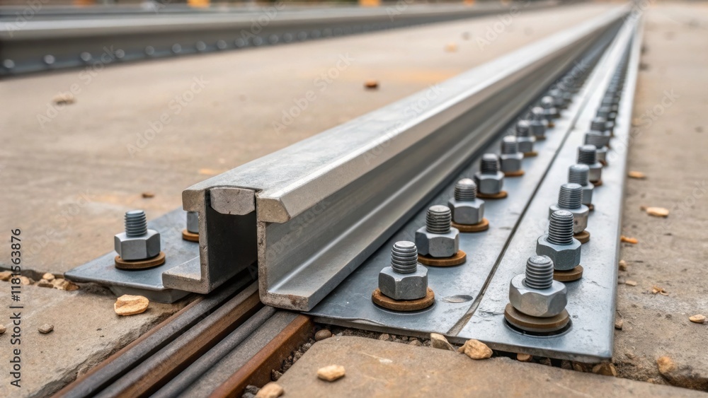 Poster Closeup of the edges of an expansion joint installation in progress revealing the precise alignment of bolts and fasteners being tightened with debris from the installation tered