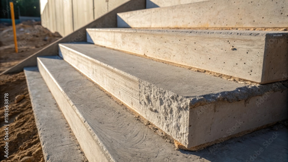 Aufkleber Closeup of the edge of a steep precast concrete step where the light casts sharp shadows highlighting the rough grain of the surface and the subtle variations in color suggesting