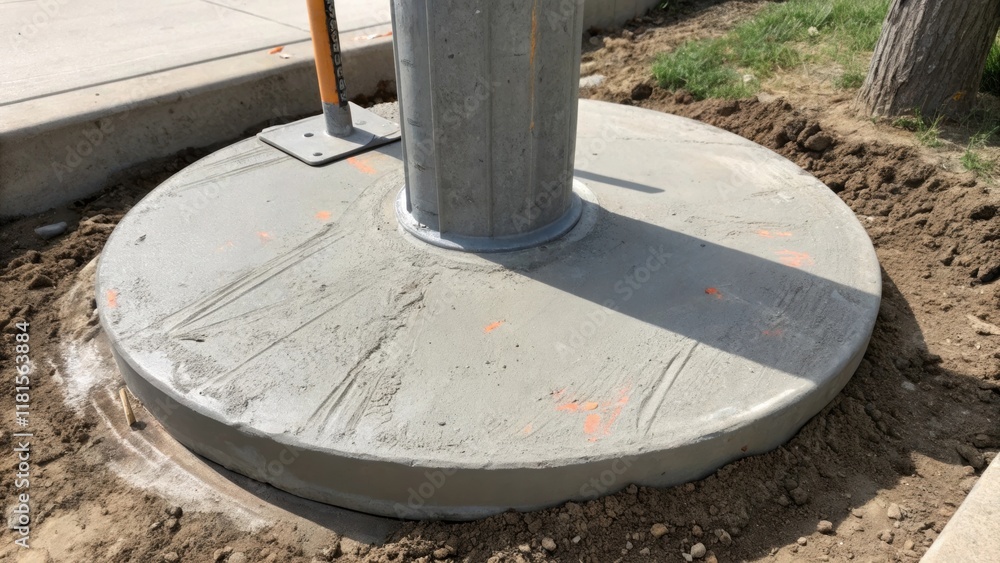 Aufkleber closeup of the base of a traffic signal pole where fresh concrete surrounds the footing. the scene c
