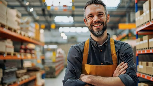 smiling Man in building materials store consults with seller Between shelves in DIY store, friendly salesman in overalls talks about product that buyer is pointing at