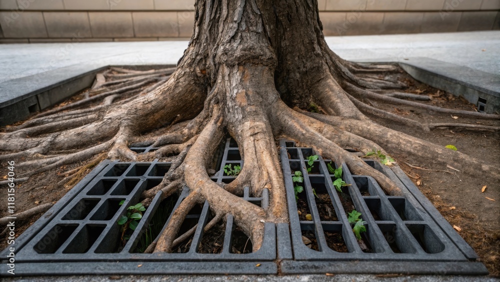 Poster closeup of tree roots pushing gently against a decorative grate revealing natures persistence in urb