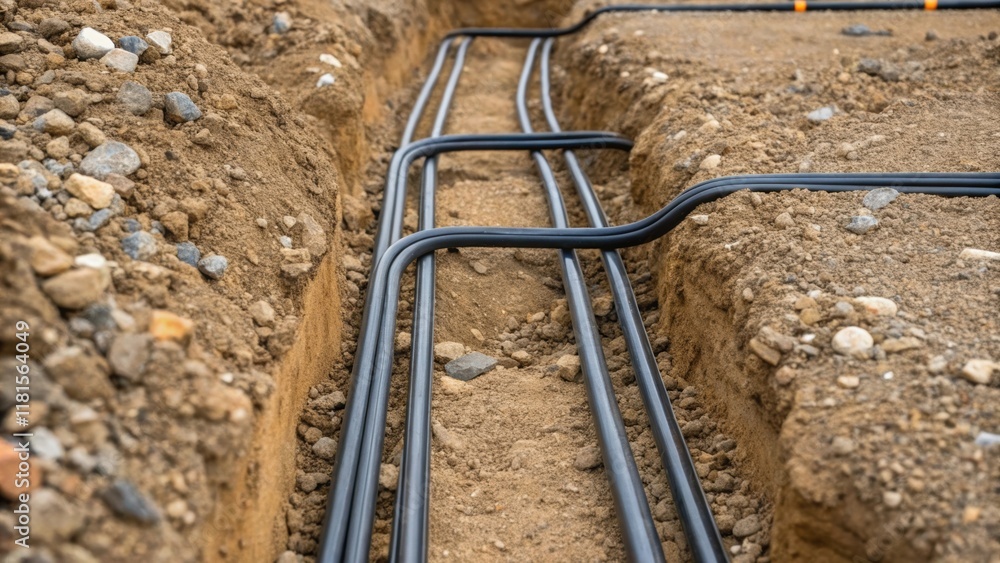 Poster Closeup of the trenchs surface where a series of electrical conduits intertwine. The earthy backdrop is speckled with pebbles and small rocks highlighting the contrast between the