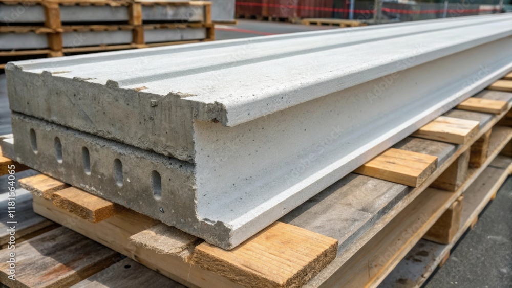 Aufkleber Closeup on the base of a precast section where it rests on wooden supports displaying the crosssection of the material. The layered composition is evident illustrating the