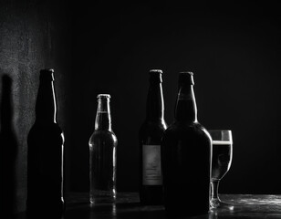 alcohol bottles addiction concept, monochrome illustration