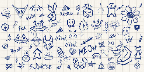 Notebook page pen and markers doodles set. Collection of abstract lettering , quick sketches of evil animals, angular chaotic lines, dirty ink symbols