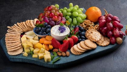 A vibrant assortment of fruits, cheeses, and crackers garnished with fresh flowers, offering a delightful feast for the senses. Perfect for parties, gatherings, or holiday celebrations.