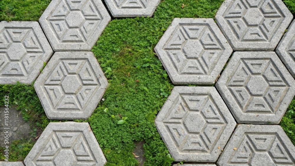 Poster closeup view of a of hexagonal concrete pavers each adorned with unique geometric patterns. the mute