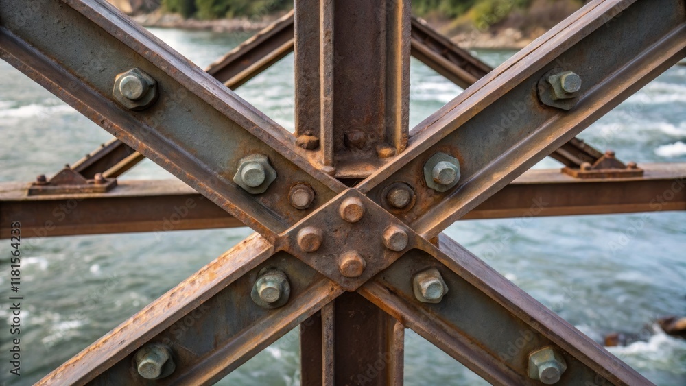 Poster closeup view of the intricate connections of preassembled bridge trusses showcasing the bolts and we