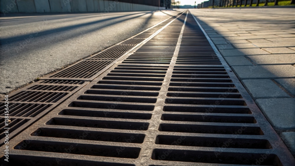 Poster Deep shadows create a dramatic effect on a series of parallel drainage grates emphasizing their uniformity and strength. The interplay of light and dark highlights the robust