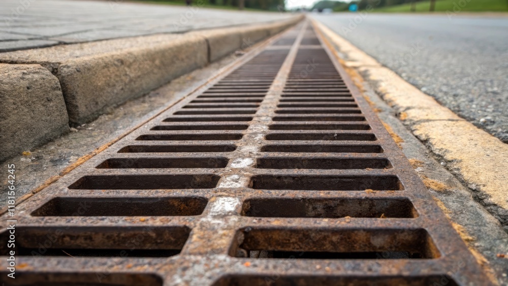 Poster closeup view of weathered drainage channel grates their edges slightly rusted showcasing signs of we