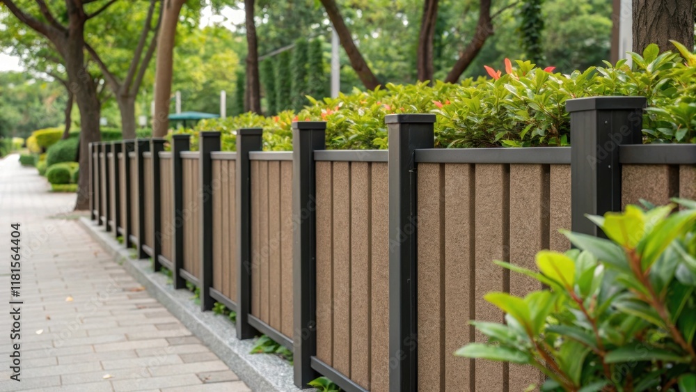 Poster detailed shots of ecofriendly modular fencing constructed from recycled materials featuring a unique