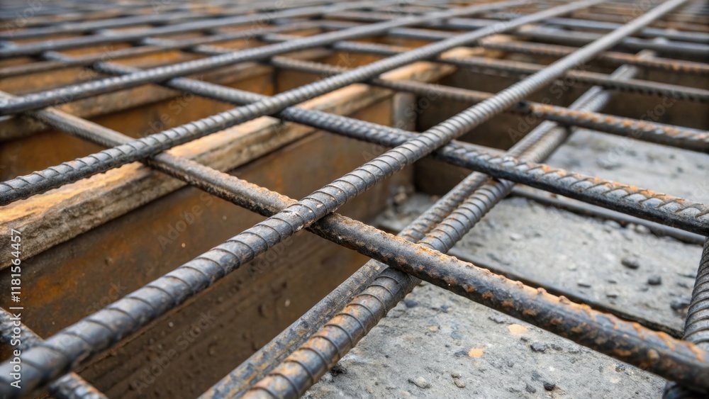 Fototapete Detailed view of the junction where the steel reinforcements intersect forming a gridlike pattern while streaks of urban grime highlight the passage of time and the constant