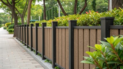 Detailed shots of ecofriendly modular fencing constructed from recycled materials featuring a unique surface texture that contrasts smoothly against the vibrant foliage of nearby