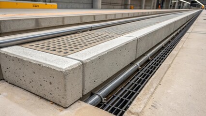 Detail shot of a precast concrete segment at the base of a metro station where the concretes surface transitions to embedded drainage systems. The strategic placement of pipes and