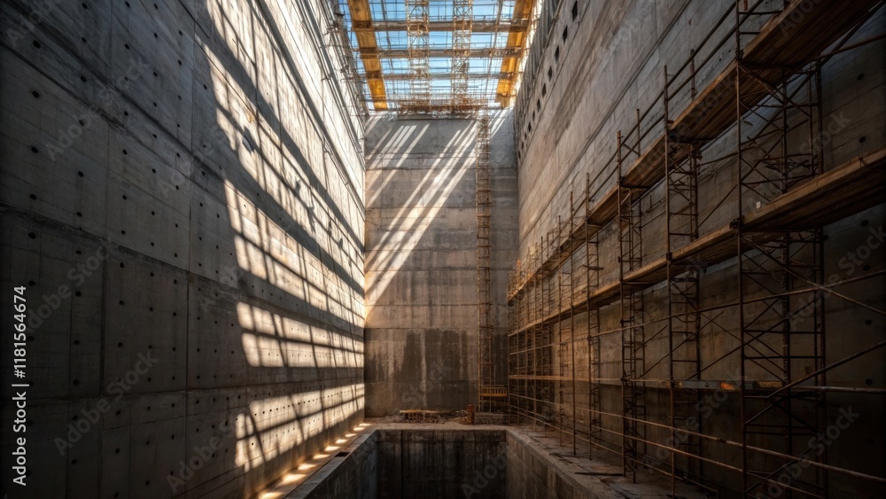 Aufkleber Focused on a partially completed section of the reservoir the image reveals the layered structure of the concrete walls. Sunlight filters through scaffolding casting intricate