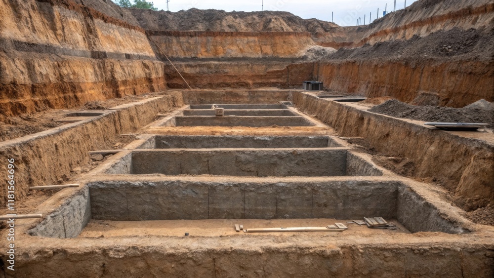 Aufkleber Focused on the excavated area this image shows a labyrinth of intersecting foundation trenches. Their steep walls display sedimentary layers with distinct shades of brown and gray