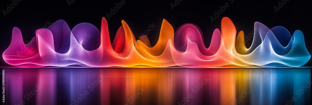 Poster abstract, bright colorful waves and patterns, representing audio visual media on blurred background