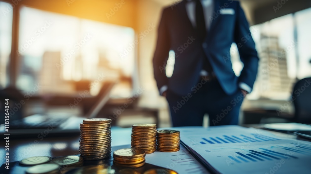 Poster Stacks of coins are increasing in height symbolizing investment growth while a businessman analyzes financial data in an office setting
