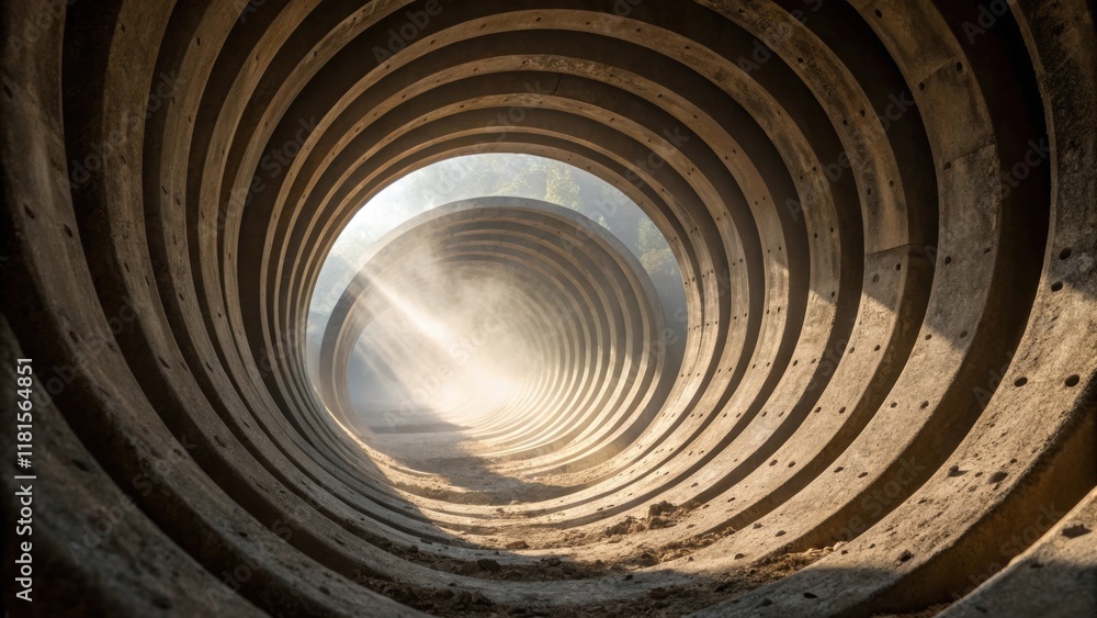 Poster Focusing on the interior of a stacked assembly the image highlights the precise alignment of the concrete reinforcement rings. Dust particles float in the shafts of light that
