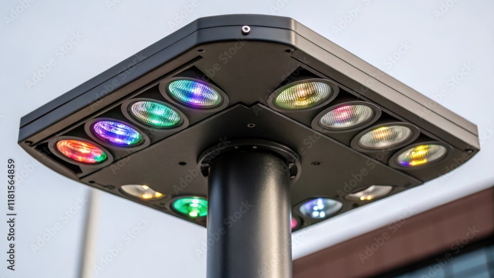 Poster Focusing on the top of a modular lighting pole the closeup showcases the innovative light distribution technology embedded within translucent lens fixtures. Each fixture emits a