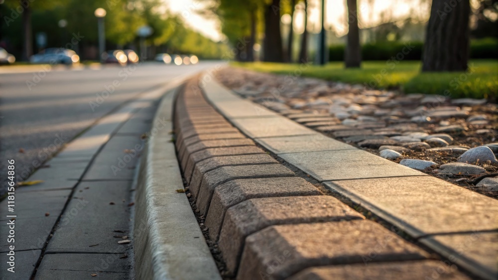 Poster Focused on the sectional joints this image presents the alignment of pre curbing as it forms a continuous line along the boulevard. Each piece exhibits slight variations in color