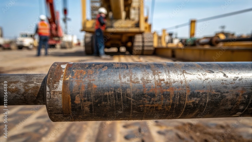 Poster focus on a hardened wornout drill pipe riddled with scratches and imperfections from countless jobs.